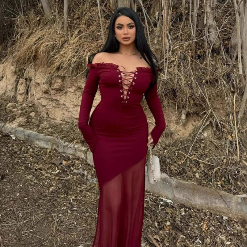 Damen figurbetontes Maxikleid mit Off-Shoulder Design und transparentem Rock Echo Archiv