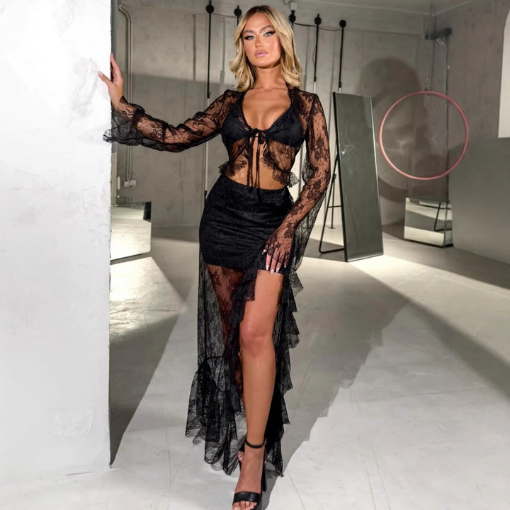 Damen Transparente Bluse mit Rüschenärmel und frechem Bindeband Echo Archiv