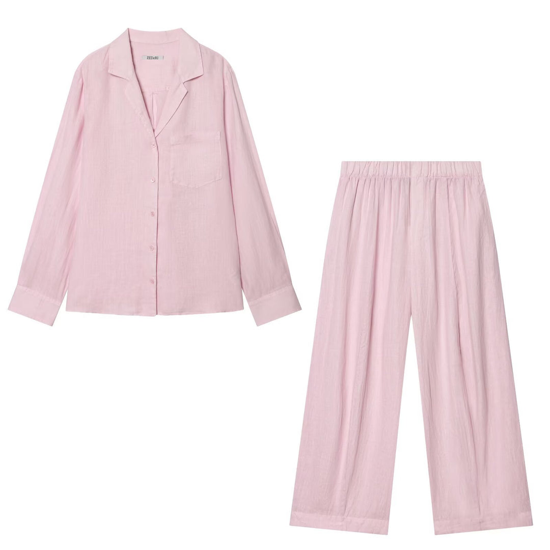 Damen Zweiteiliges Loungewear-Set aus Leinenoptik mit lockerem Pyjama‑Hemd und weiter Palazzo‑Hose Echo Archiv