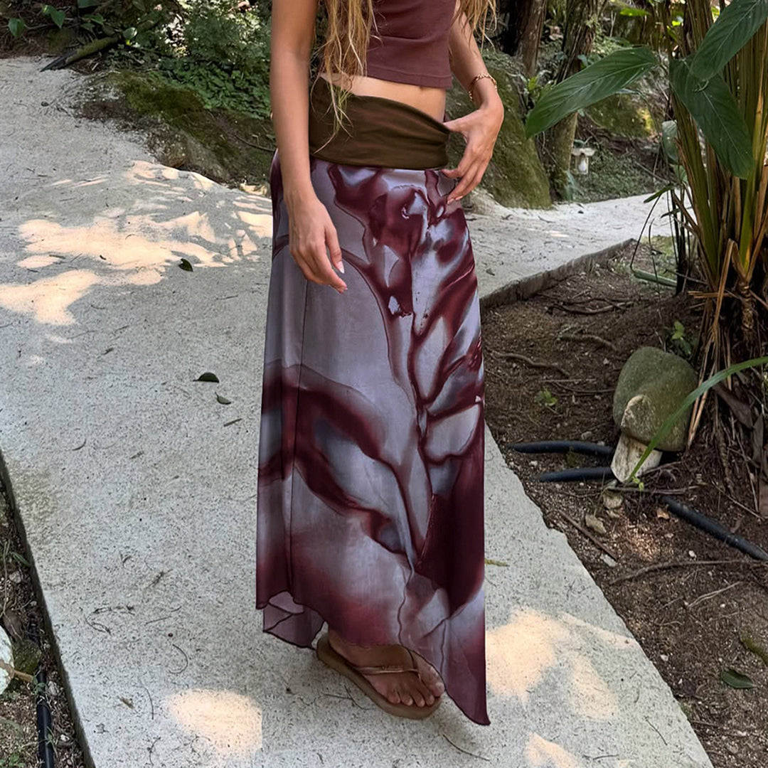Damen Asymmetrischer Lagen-Chiffon-Maxirock mit Umschlagbund und Aquarellprint – Valéora
