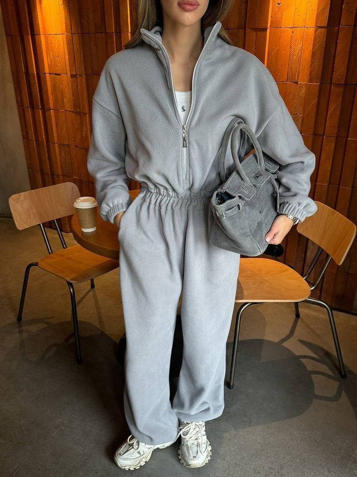 Damen Lässiger Fleece-Hausanzug mit Zip-Kapuze und elastischem Taillenbund – Avérine