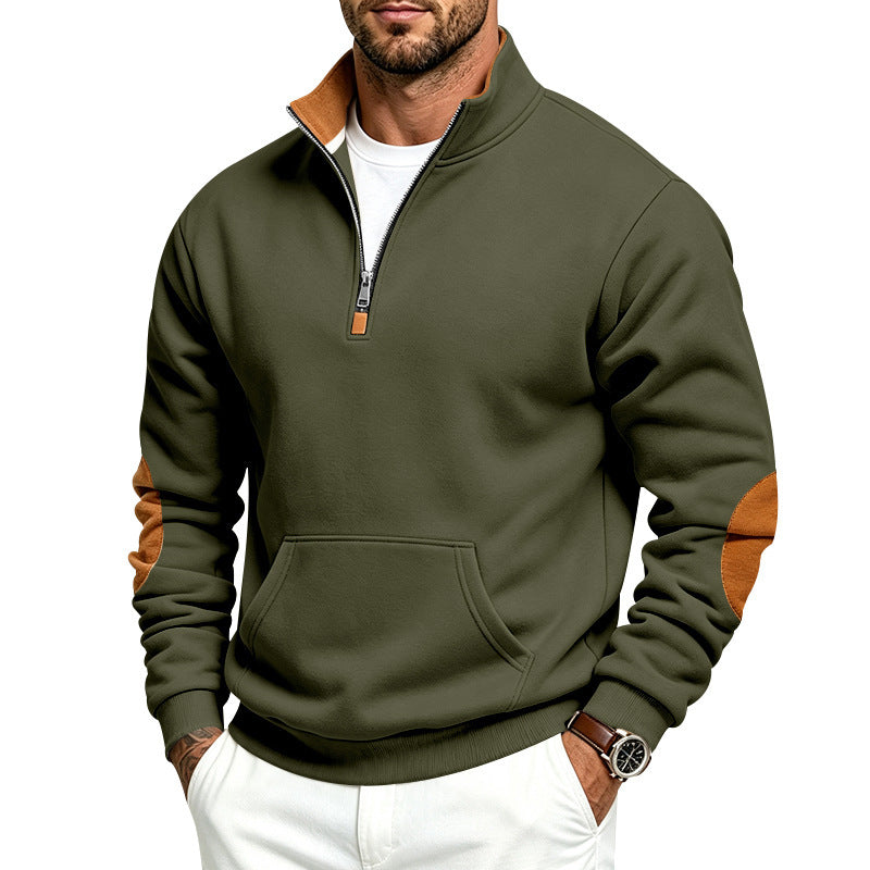 Herren Troyer-Pullover mit halbem Reißverschluss, Kängurutasche und Ellbogen-Patches Echoarchiv