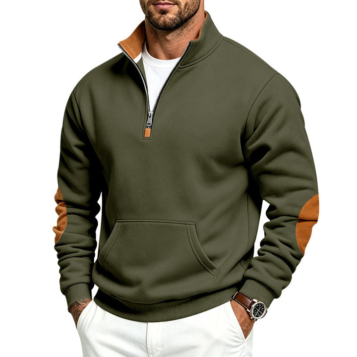 Herren Troyer-Pullover mit halbem Reißverschluss, Kängurutasche und Ellbogen-Patches Echoarchiv