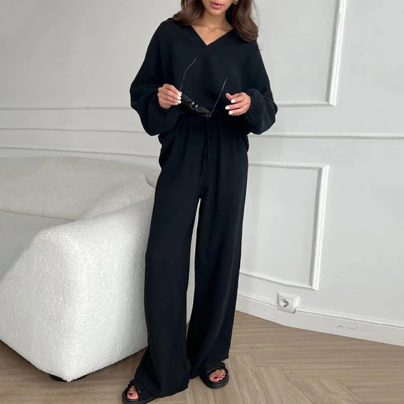 Damen Leichtes Crinkle-Lounge-Set mit V-Ausschnitt und weiter High-Waist-Hose Echo Archiv