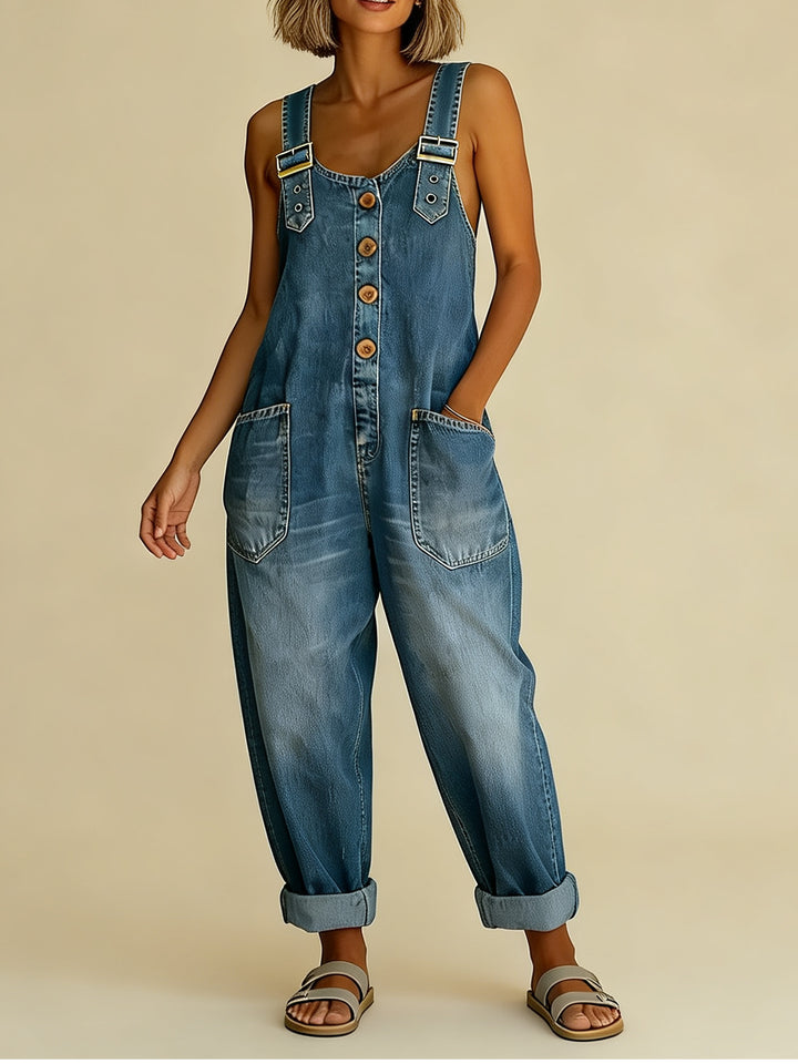 Damen Weite Denim-Latzhose mit Knopfleiste, verstellbaren Trägern und aufgesetzten Taschen Echoarchiv