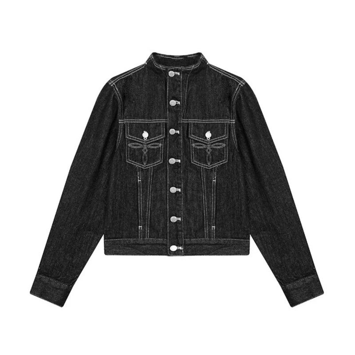 Damen Taillierte Jeansjacke mit Stehkragen, Ziernähten und Metallknopfverschluss Echoarchiv