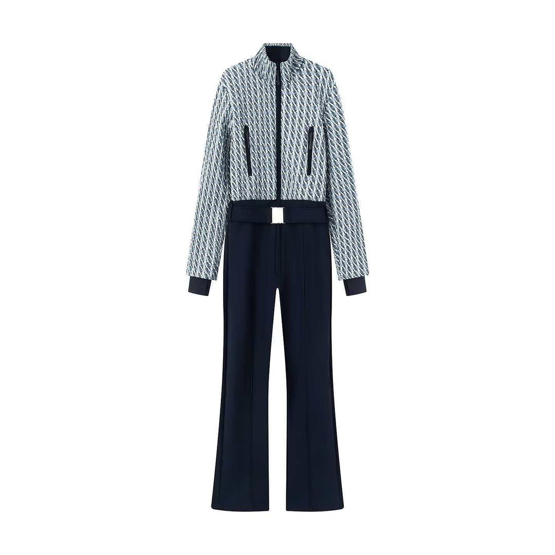 Damen nan kurz geschnittenes Bouclé-Blouson-Set mit Stehkragen, verdecktem Reißverschluss und High-Waist Schlaghose Echo Archiv
