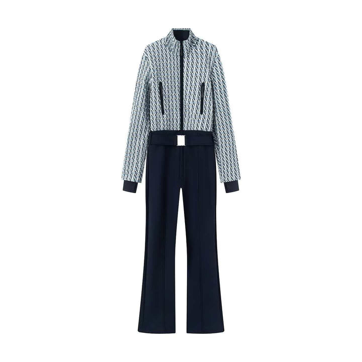 Damen nan kurz geschnittenes Bouclé-Blouson-Set mit Stehkragen, verdecktem Reißverschluss und High-Waist Schlaghose Echo Archiv