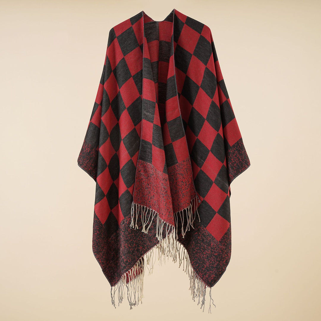 Damen Oversized gewebter Poncho mit Rautenmuster und Fransen – Avérine