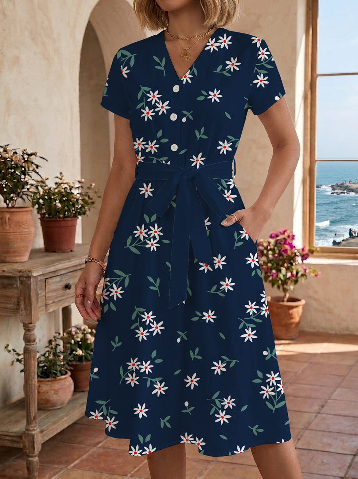 Damen Midikleid mit floralem Muster und Taillengürtel Echo Archiv