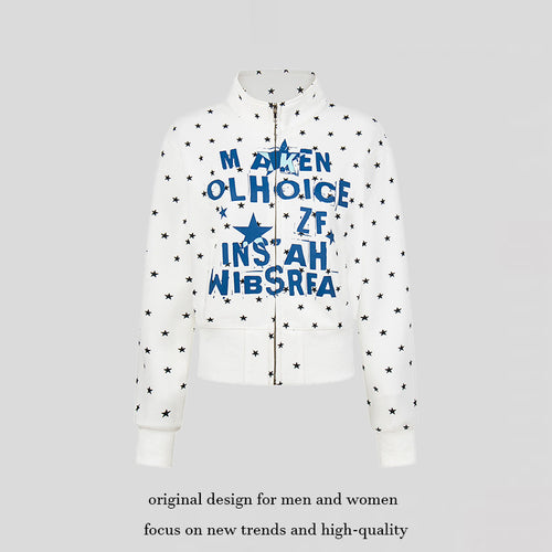 Damen Kurze Reißverschluss-Sweatjacke mit Stehkragen, Allover-Sternprint und Statement-Frontprint Echoarchiv