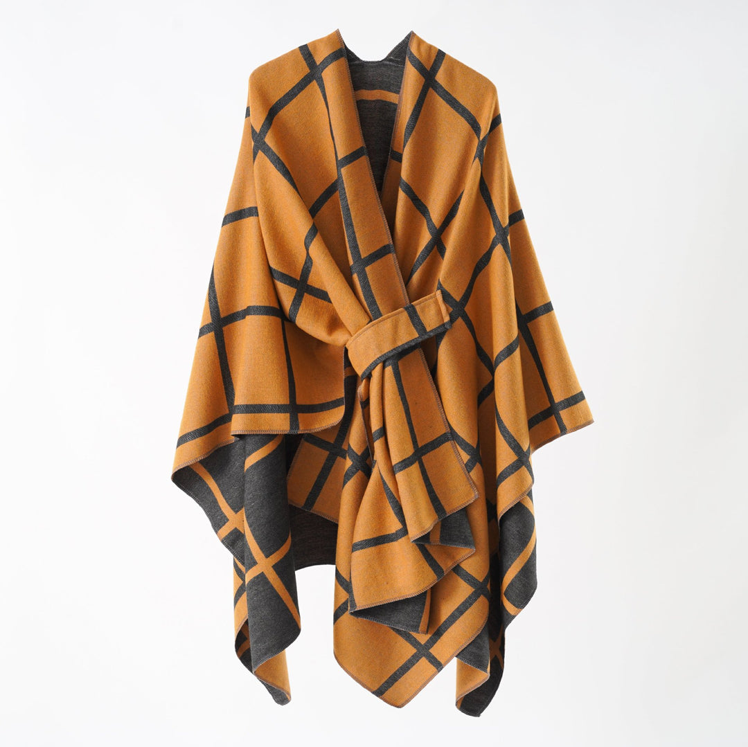 Damen Oversize Wollmix Poncho mit Gürtel und Karomuster Echo Archiv