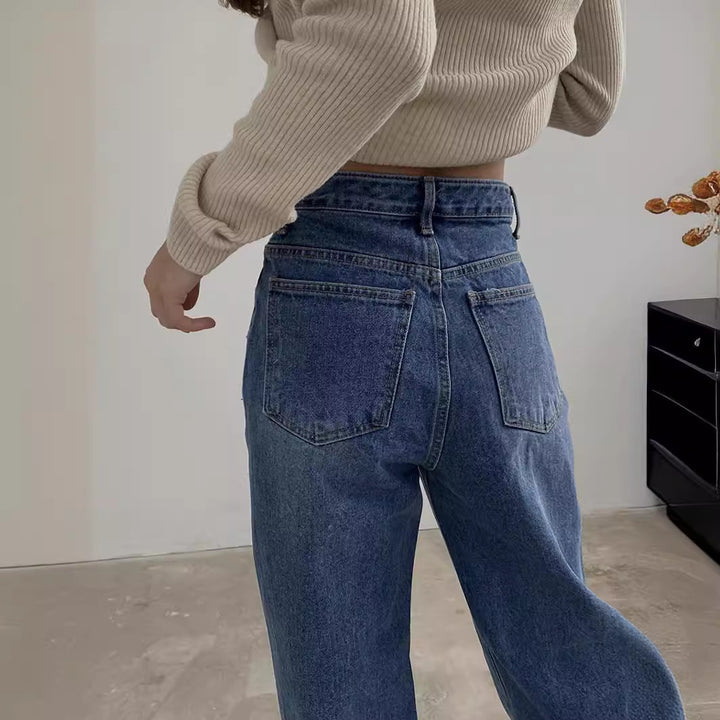 Damen nan hochgeschnittene weite Denim-Hose mit V-förmiger Bundnaht und extra-langem Bein Echo Archiv