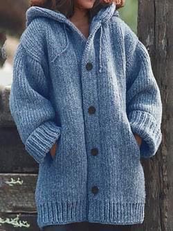 Damen weit geschnittener Kapuzen-Strickmantel mit Knopfleiste und Eingrifftaschen Echo Archiv