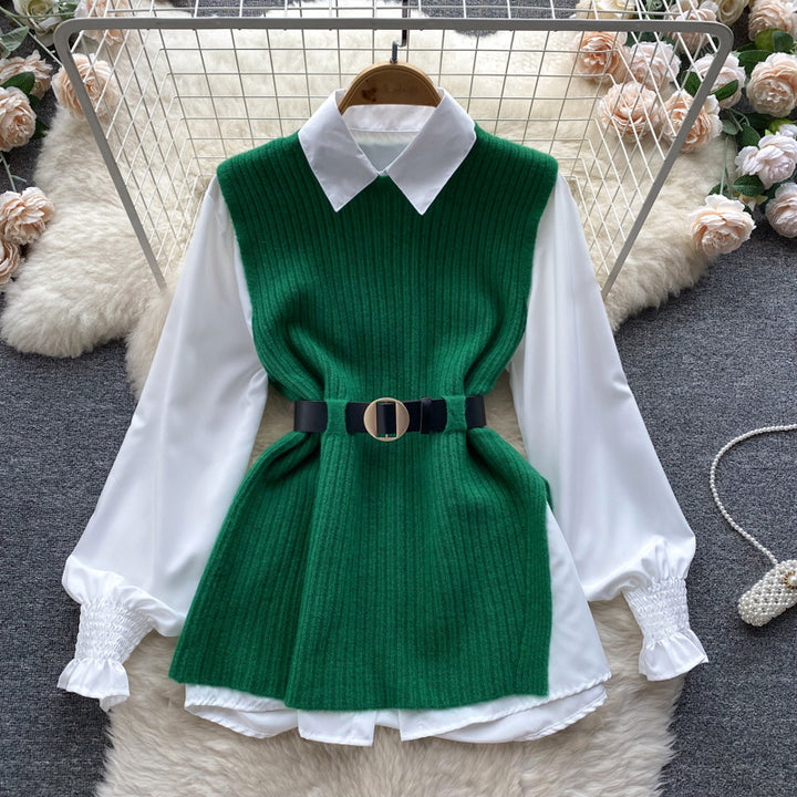 Damen Lagenlook-Bluse mit Rippstrick-Überwurf und Taillengürtel – Élovi