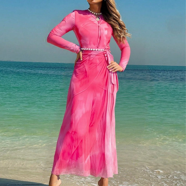Damen Elegantes Strandkleid mit transparenten Ärmeln und drapiertem Design Echo Archiv