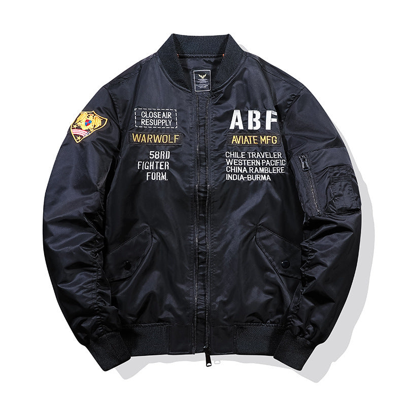 Herren Piloten-Bomberjacke im Vintage-Militärlook mit aufgestickten Patches und Ärmel-Utilitytasche Echo Archiv