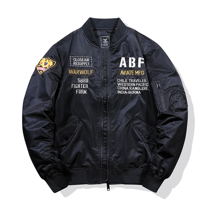 Herren Piloten-Bomberjacke im Vintage-Militärlook mit aufgestickten Patches und Ärmel-Utilitytasche Echo Archiv