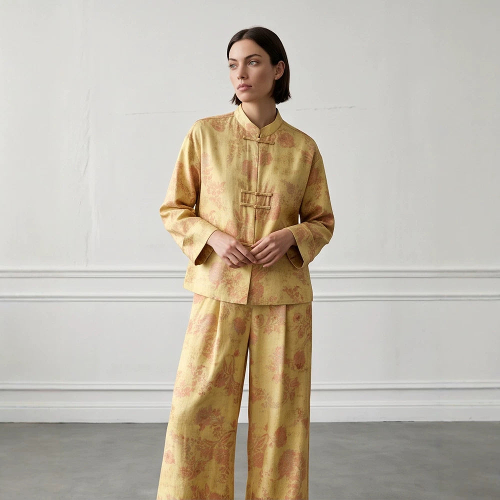 Damen Zweiteiliges Jacquard-Set mit Mandarin-Kragen und weit geschnittener Hose Echoarchiv