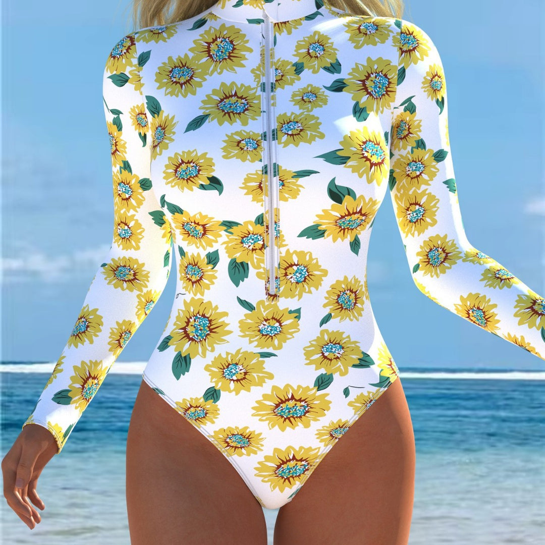 Damen Einteiler Badeanzug mit modischem Blumenmuster und hohem Kragen Echo Archiv
