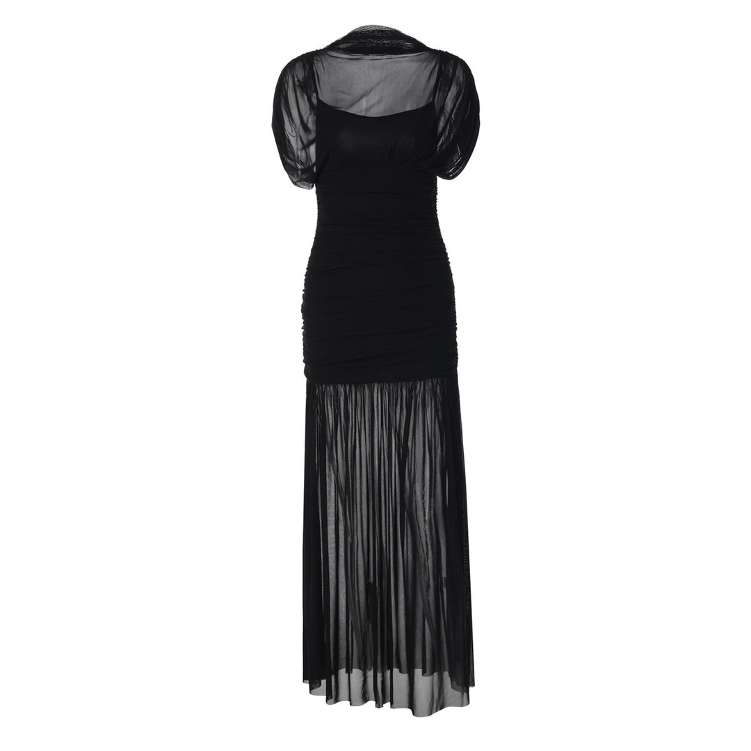 Damen Maxi-Kleid mit transparenten Puffärmeln und elegantem Raffungseffekt Echo Archiv