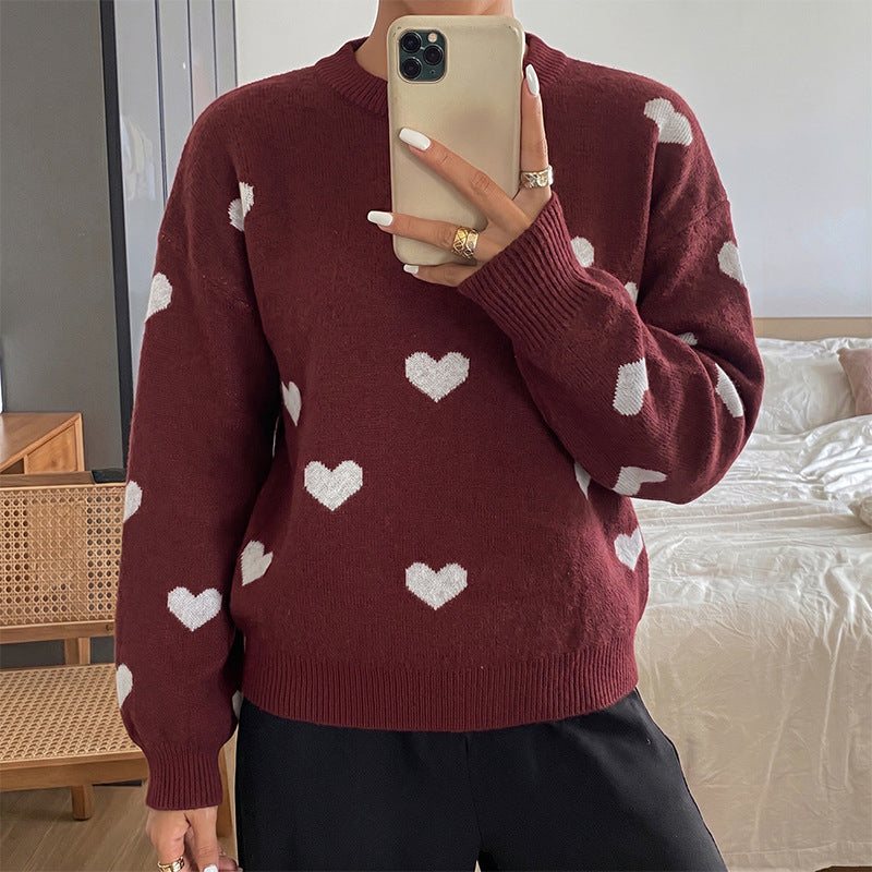 Damen Grobstrick-Pullover mit Herzintarsien und klassischem Rundhalsausschnitt – Mavelle