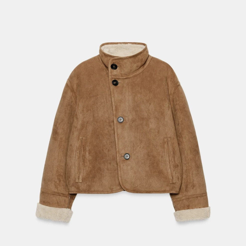 Damen Kurzblouson aus Velourslederoptik mit Teddyfutter und weitem Umlegekragen Echo Archiv