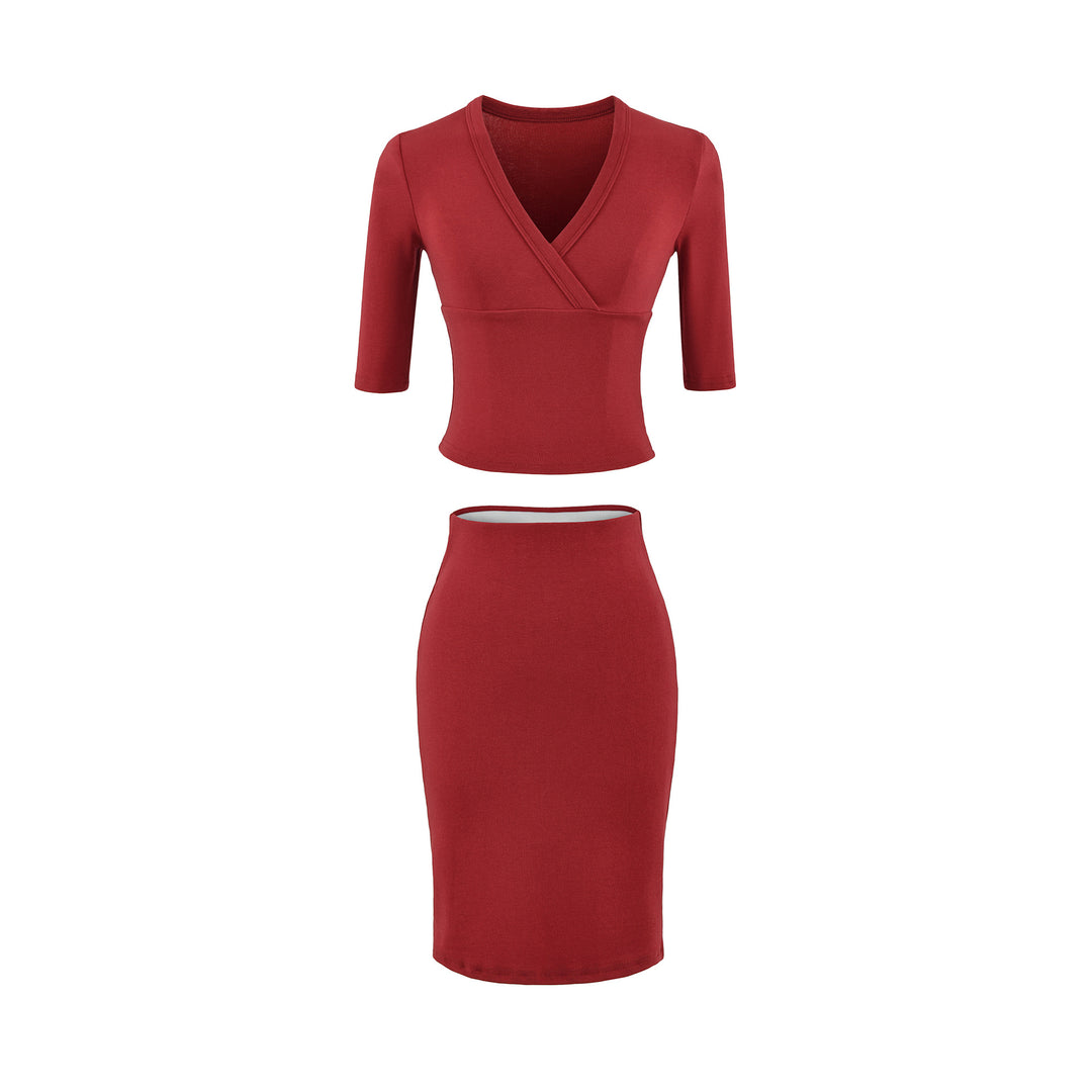 Damen Zweiteiliges figurbetontes Wickel-Top mit Dreiviertelärmeln und Highwaist-Bleistiftrock Echoarchiv