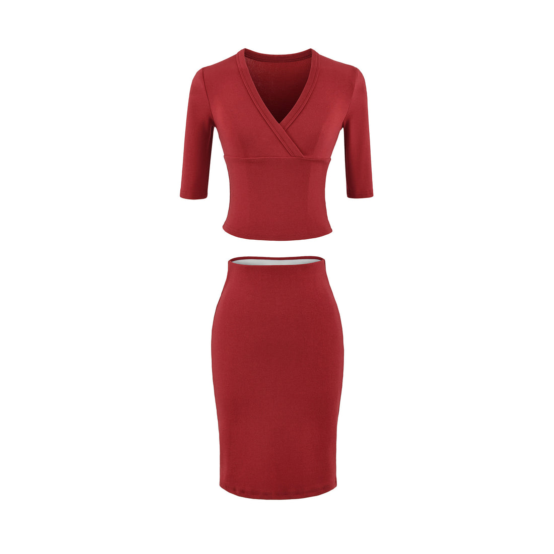 Damen Zweiteiliges figurbetontes Wickel-Top mit Dreiviertelärmeln und Highwaist-Bleistiftrock Echoarchiv