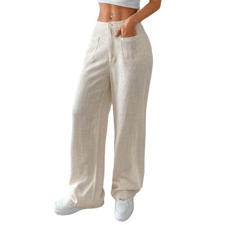 Damen Hochtaillierte Leinenlook Palazzo-Hose mit aufgesetzten Taschen – Avérine
