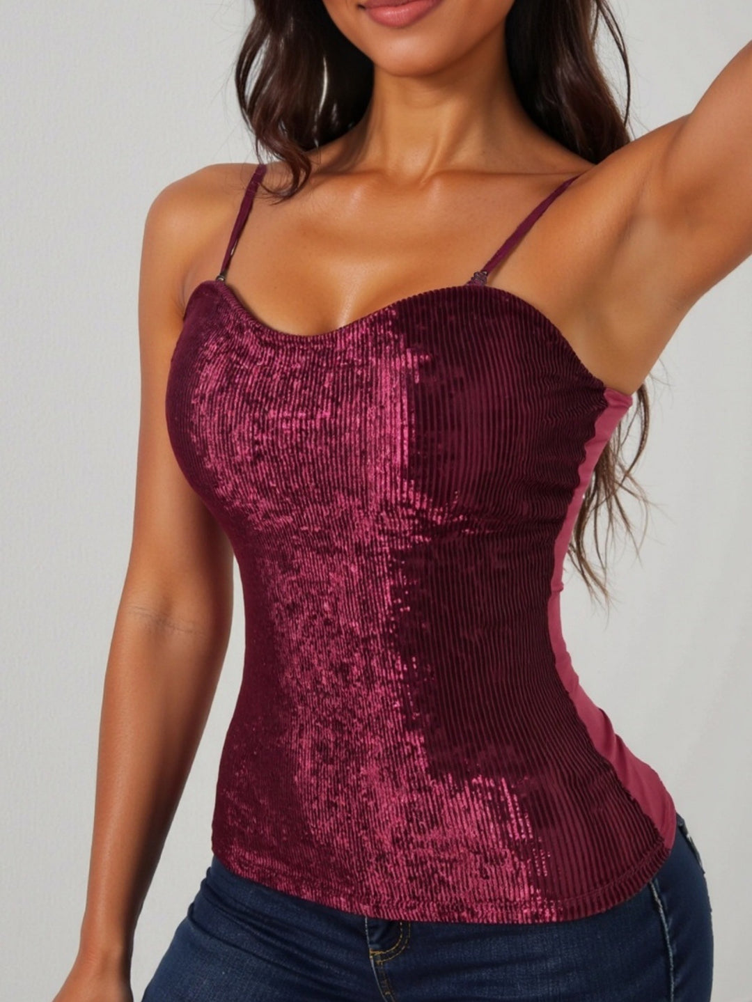 Damen elegantes Spaghettiträgershirt mit luxuriösem Paillettenbesatz und feinem Rippstrick Echo Archiv