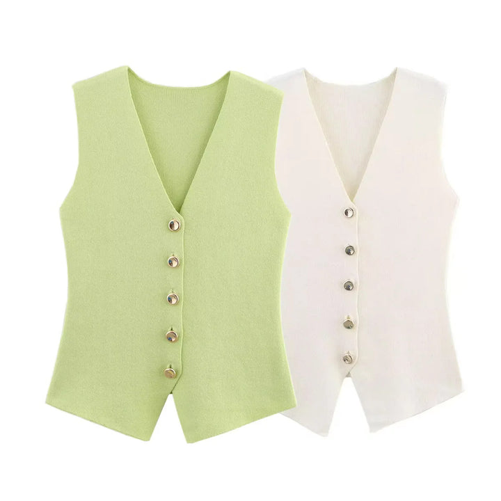 Damen taillierte Strickweste mit tiefem V-Ausschnitt und Zierknopfleiste – Veloura