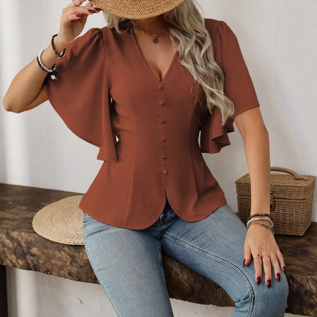 Damen elegante Bluse mit Glockenärmeln und Knopfdetail Echo Archiv