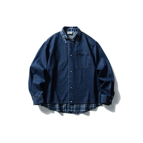 Herren Oversize Denim‑Hemdjacke mit karierter Innenlage, legerem Saum und Brusttasche Echoarchiv