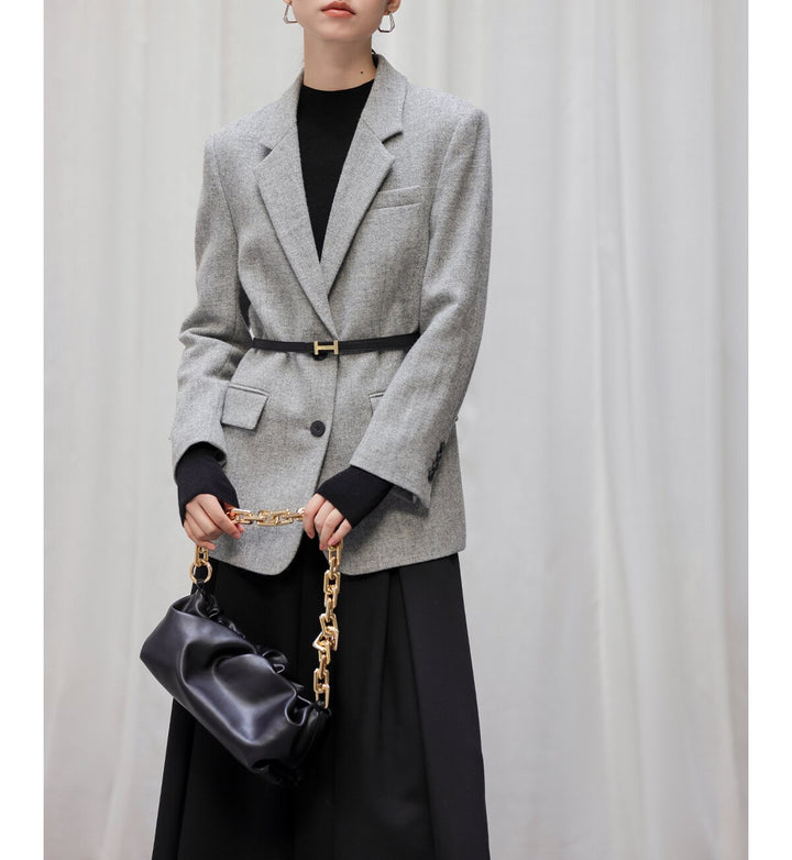 Damen Eleganter Tweed Blazer mit Taillengürtel Echoarchiv