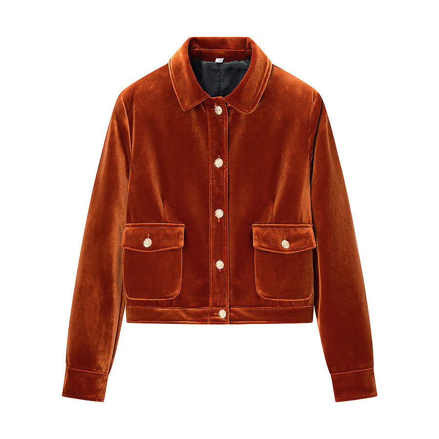 Damen Kurzjacke im Samt‑Look mit Hemdkragen, aufgesetzten Pattentaschen und goldfarbenen Zierknöpfen Echo Archiv
