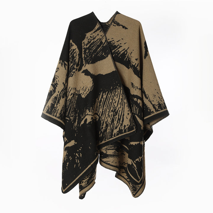 Damen Oversize‑Jacquard‑Cape mit abstraktem Naturmotiv und Kettelkante – Montévia