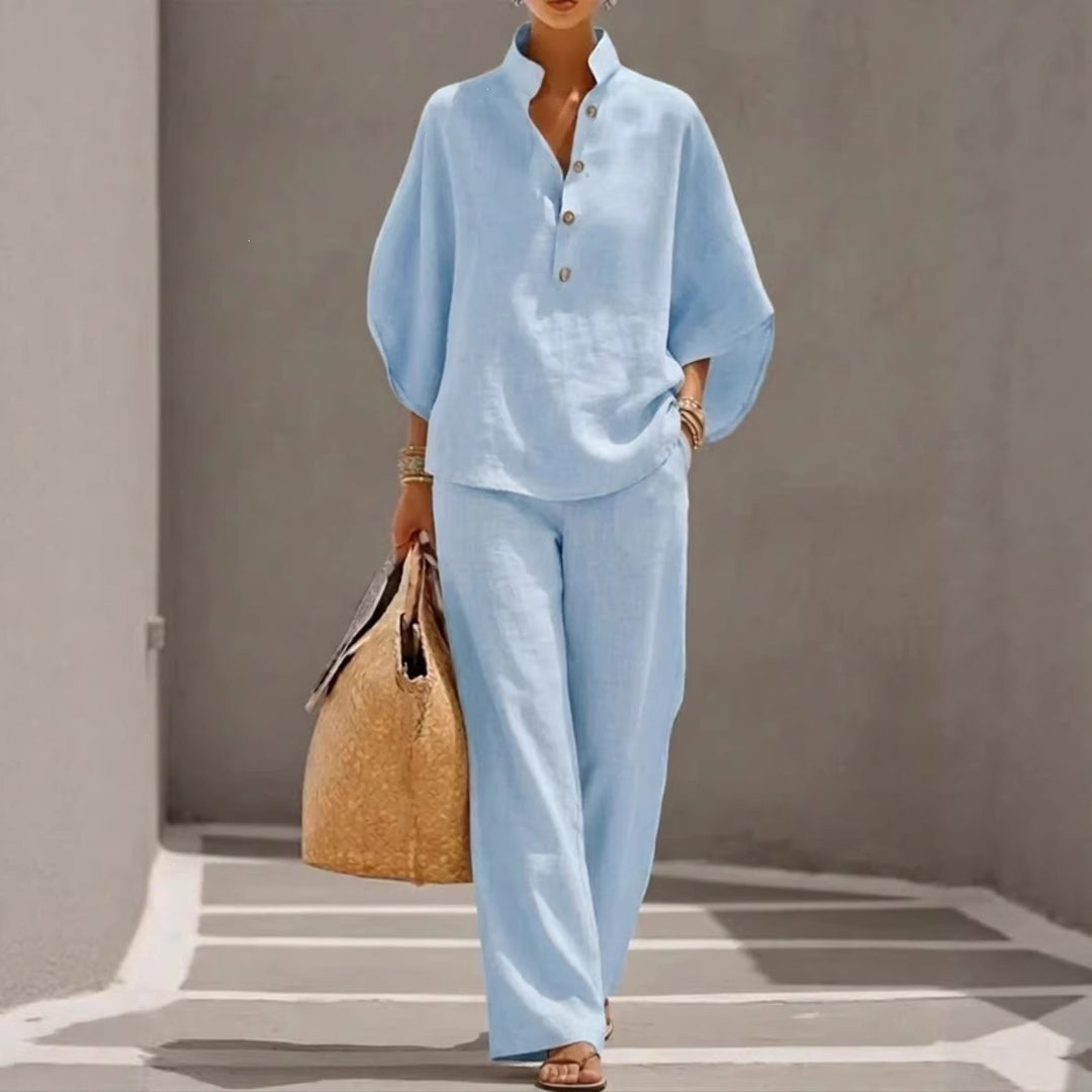 Damen Lockeres Leinenoptik-Zweiteiler mit Stehkragenbluse und weitem Palazzo-Hose – Élanora