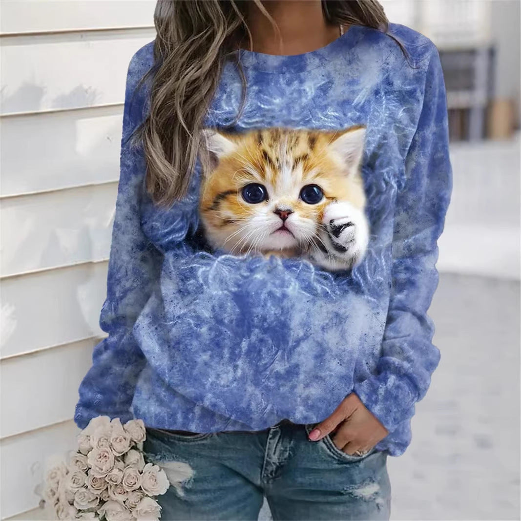 Damen Gemütlicher Übergroßer Fleece-Pullover mit Großem Welpenfoto-Print Echoarchiv