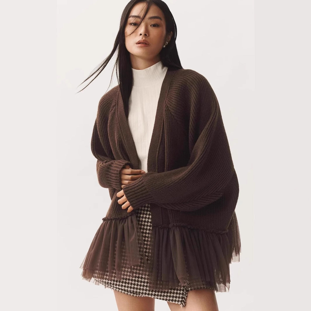 Damen Modischer Strickpullover mit Tülldetails – Mavelle