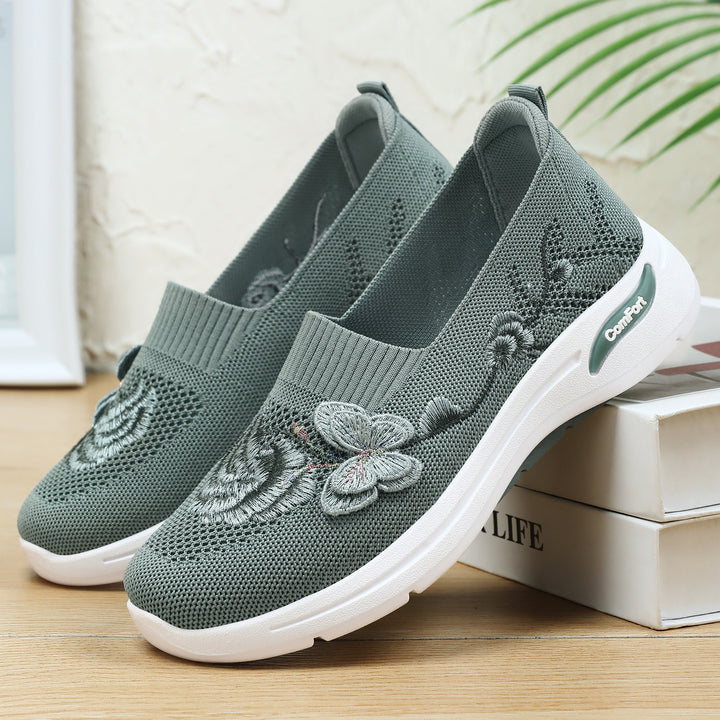 Damen nan gestrickter Slip-On Slipper mit 3D-Blumenstickerei und ergonomischer Komfort-Zwischensohle Echo Archiv