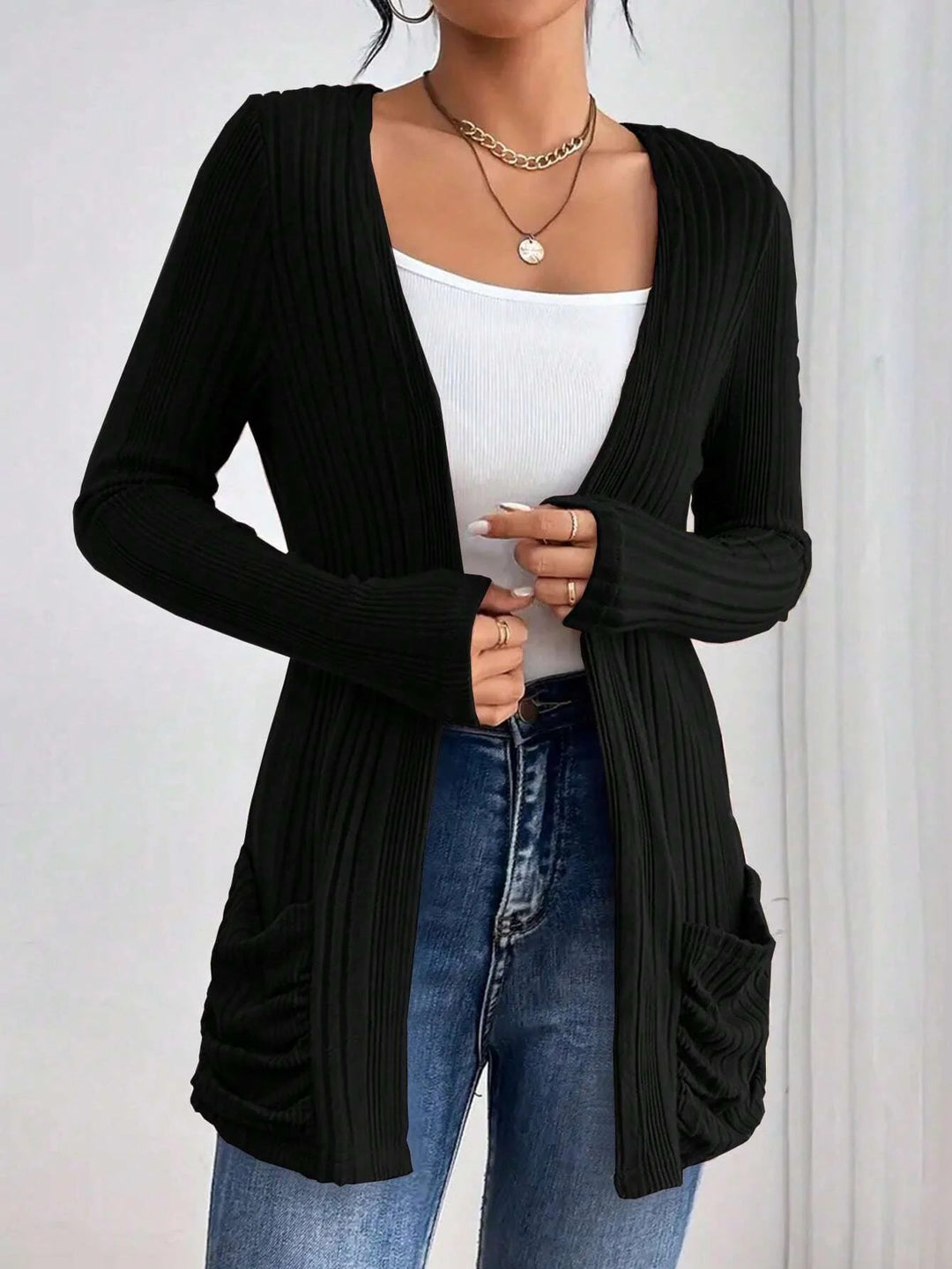 Damen Gerippter Langcardigan mit offener Front, Eingrifftaschen und legerer Passform – Veloura