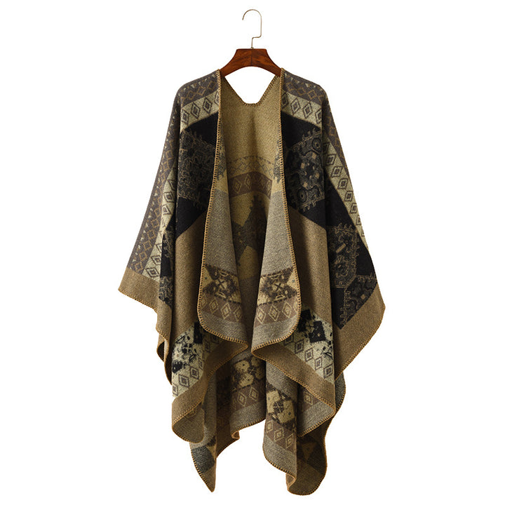 Damen Oversize Poncho aus Jacquard-Strick mit geometrischem Ethno‑Muster Echo Archiv