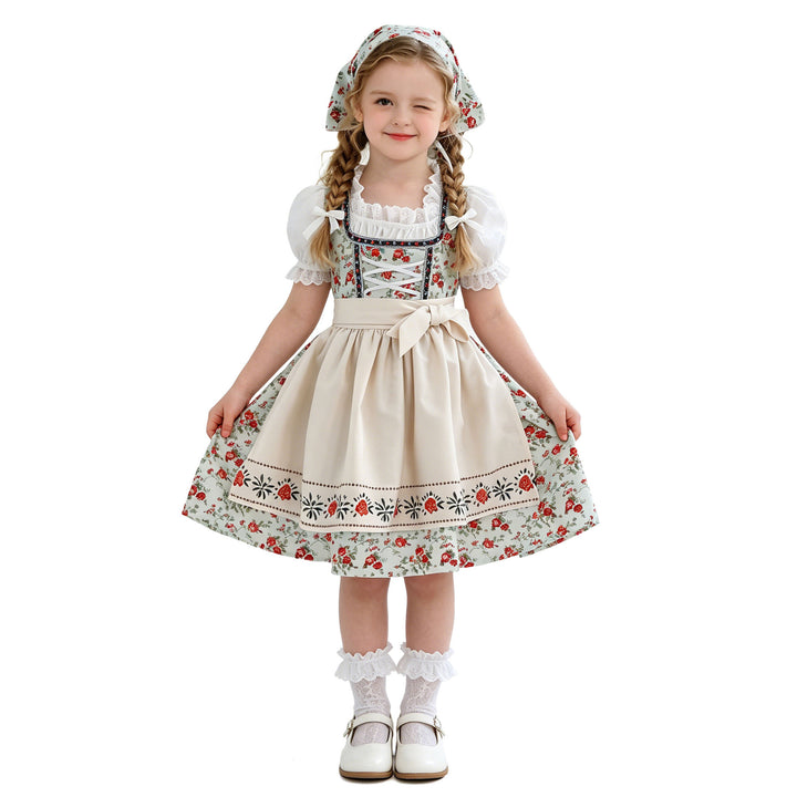 Damen nan traditionelles Kinderdirndl-Set mit Schnürkorsett, Puffärmeln und Kopftuch Echo Archiv