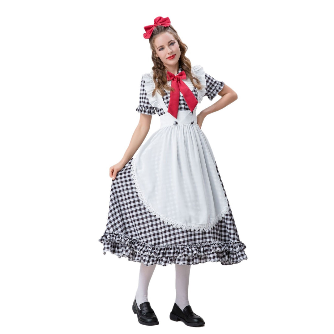 Damen nan Vintage-inspiriertes Karo-Swingkleid mit abnehmbarer Schürze, Rüschenärmeln und Schleifenkragen Echo Archiv