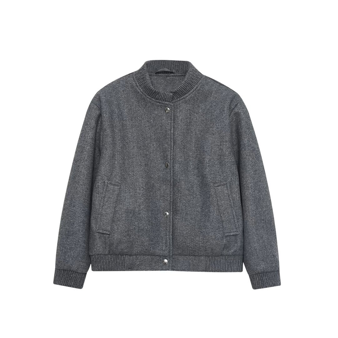 Damen Boxy Wollmix-Bomberjacke mit Rippkragen Druckknöpfen und Eingrifftaschen Echo Archiv