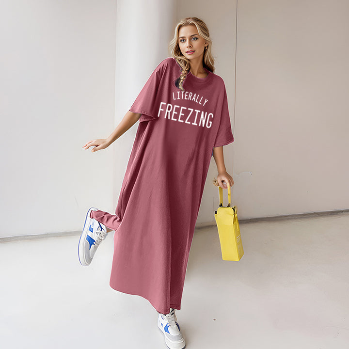 Damen lässiges Oversize Maxi-T-Shirt-Kleid mit Rundhals und Statement-Print – Valéora