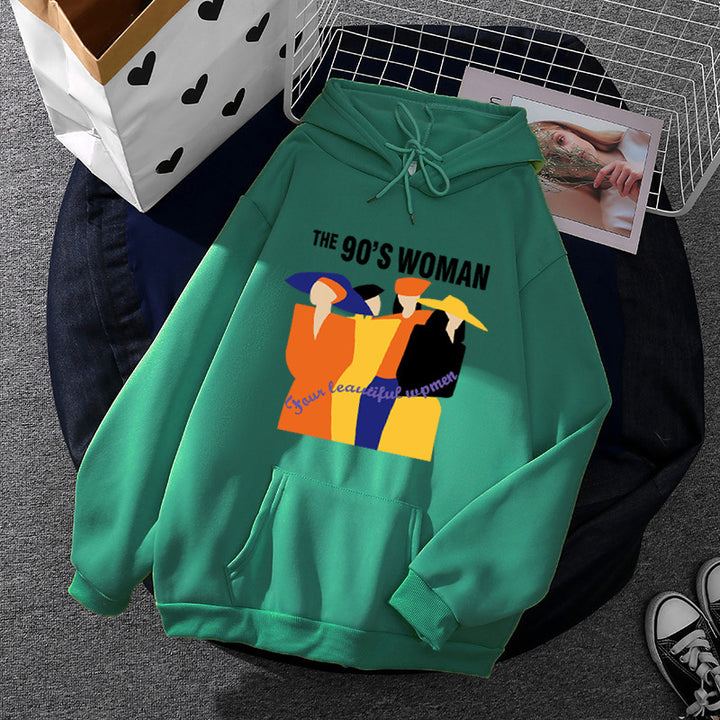 Damen weit geschnittener Kapuzenpullover mit Neunzigerjahre-Illustrationsprint, angerautem Fleece und Kängurutasche – Auréline