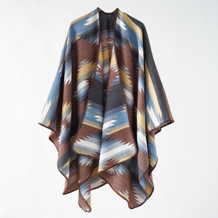 Damen Gewebter Azteken‑Poncho im Oversize‑Überwurf mit Zierkettelnaht Echo Archiv