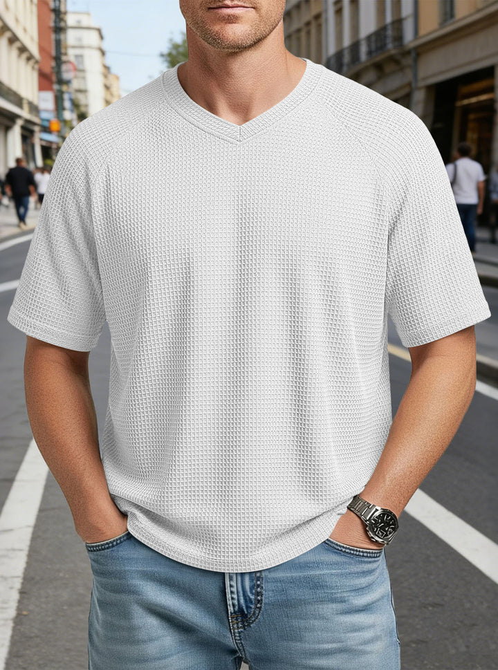 Herren nan lässiges V-Ausschnitt Waffelstrick-T-Shirt aus atmungsaktivem Baumwollmix Echo Archiv